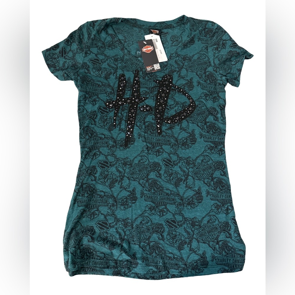 Harley-Davidson Womens Burned Identity Studded V-Neck SS Green Small NWT
